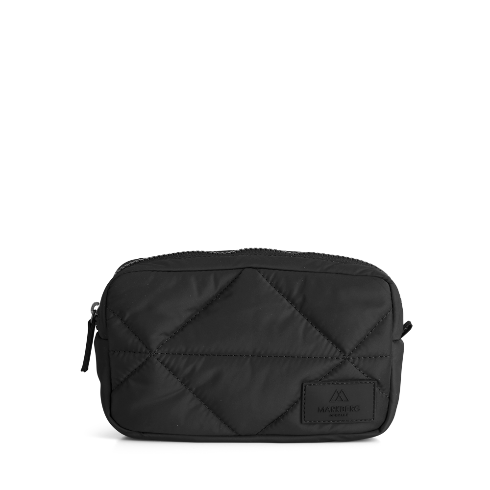 A vegan black quilted Maisie Makeup Bag - Diamond Puff Black made of water-repellent recycled plastic, on a white background by Markberg.