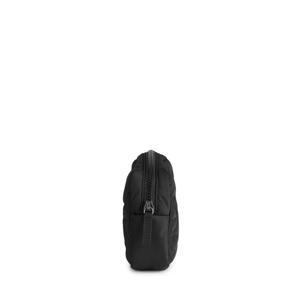A Maisie Makeup Bag - Diamond Puff Black made from water-repellent recycled plastic, on a white background. (Brand Name: Markberg)