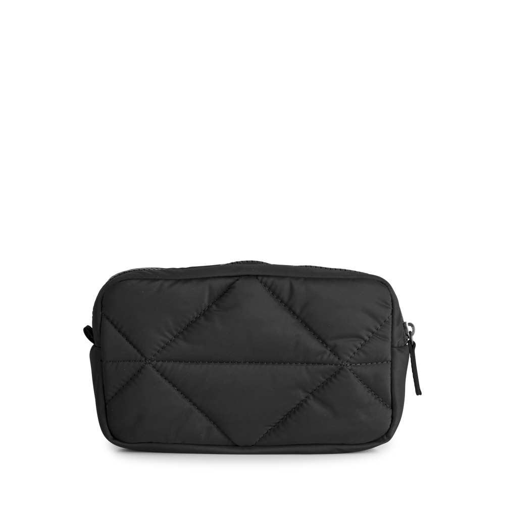 The black quilted toiletry bag on a white background features the Markberg Maisie Makeup Bag - Diamond Puff Black, which is made from water-repellent recycled plastic and is vegan.