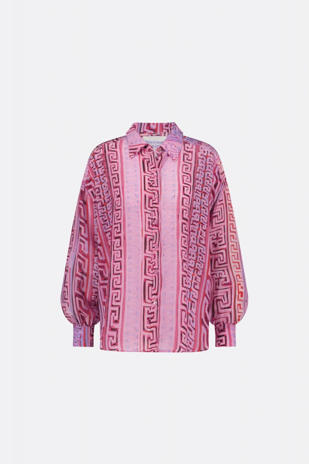 Pink long sleeved blouse with geometric print and button close