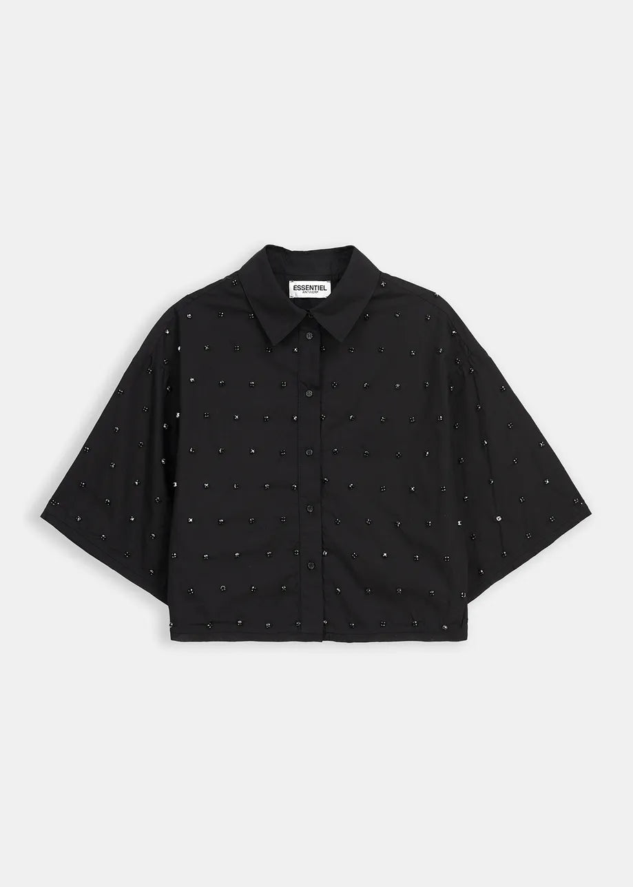 An Essentiel Antwerp East Shirt - Black with glass rhinestones studs on it.