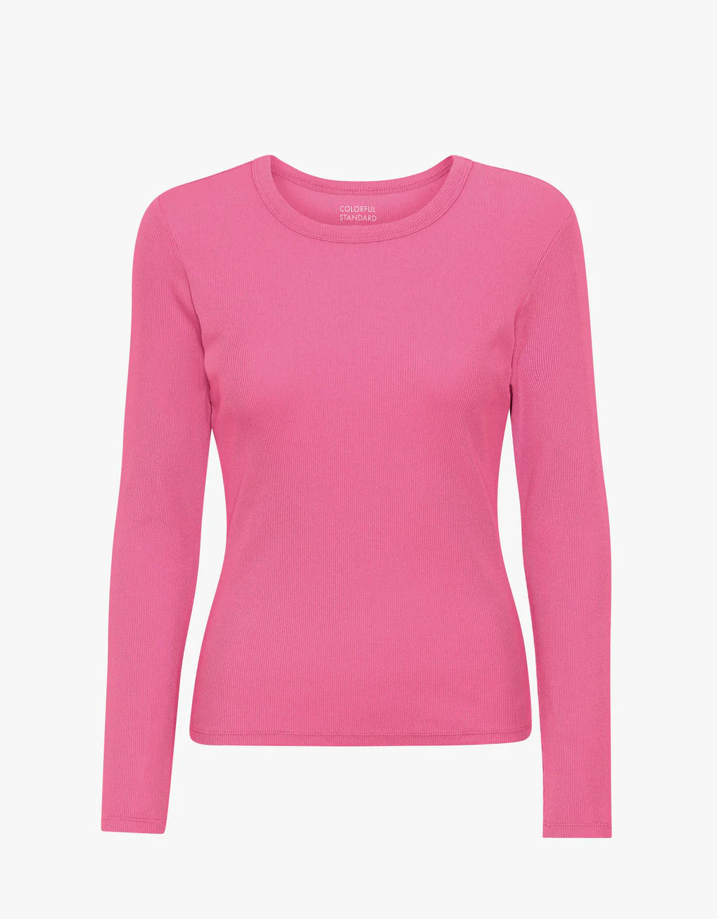 A Colorful Standard women's pink long-sleeved Organic Rib LS T-Shirt made from organic cotton with a hint of elastane for stretchiness.