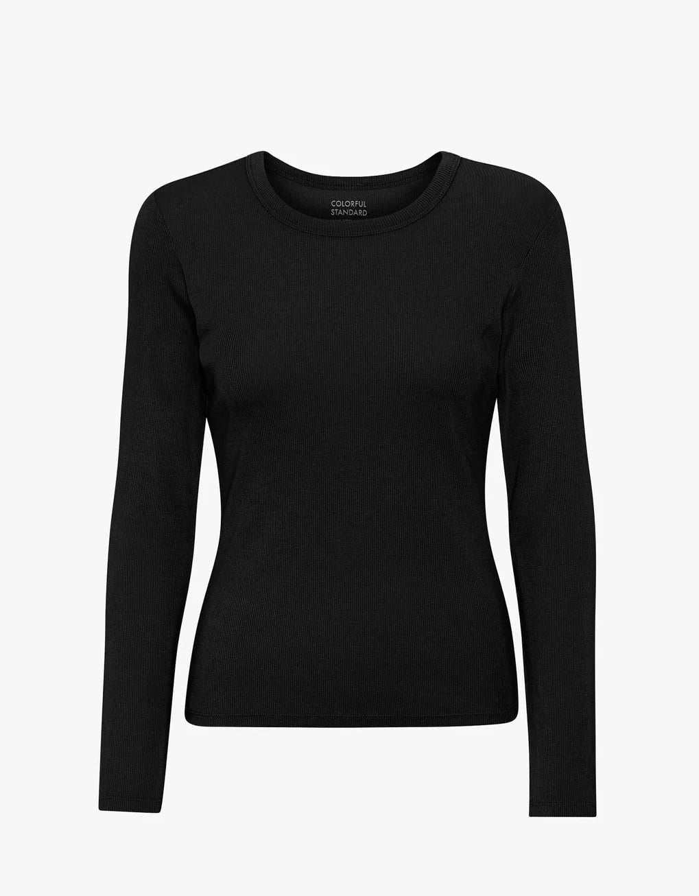 An Colorful Standard Organic Rib LS T-Shirt, long-sleeved black top with elastane for women.
