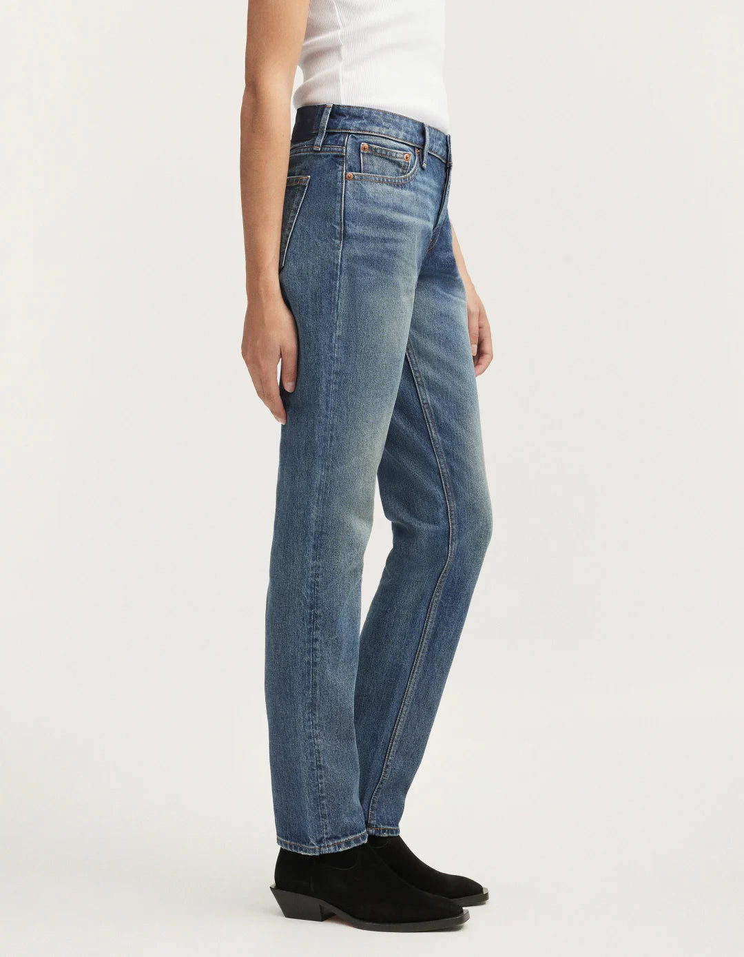 Girlfriend style jeans in a mid blue wash