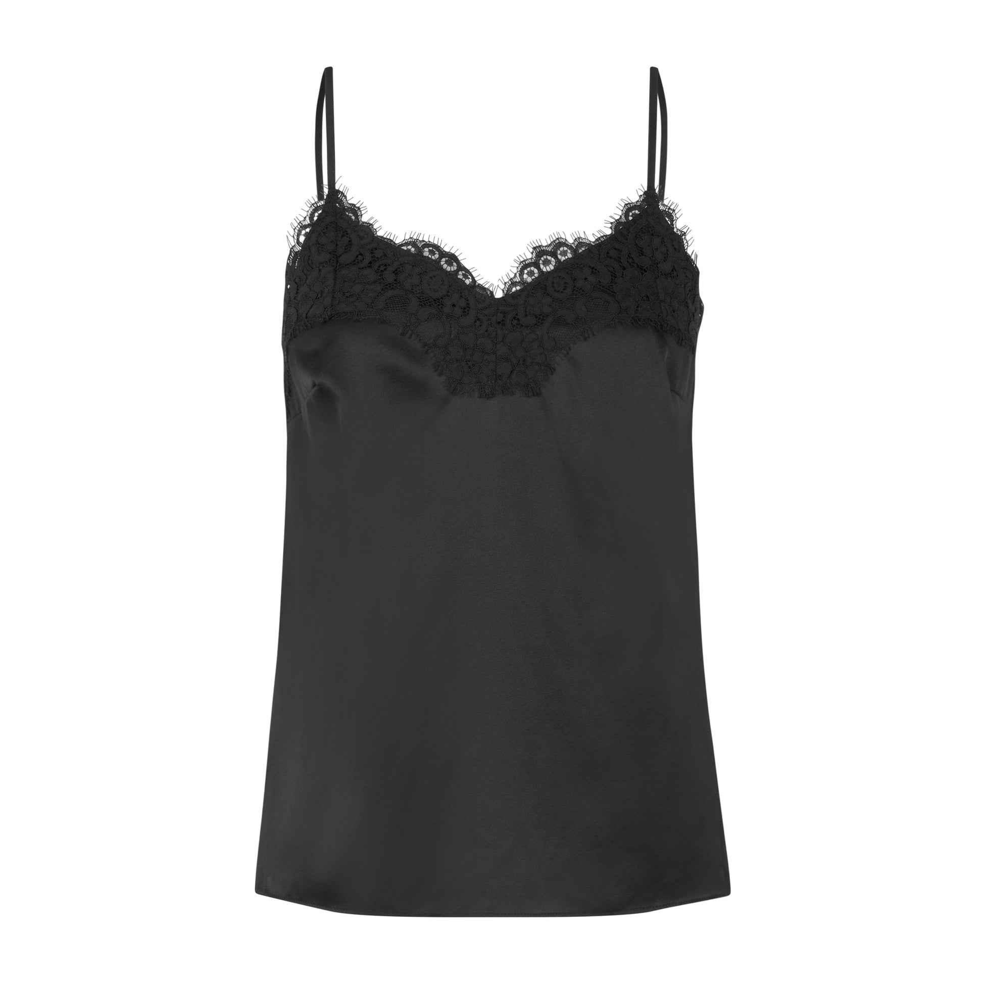 product shot of Rosemunde black silk top with skinny straps and a lace trim