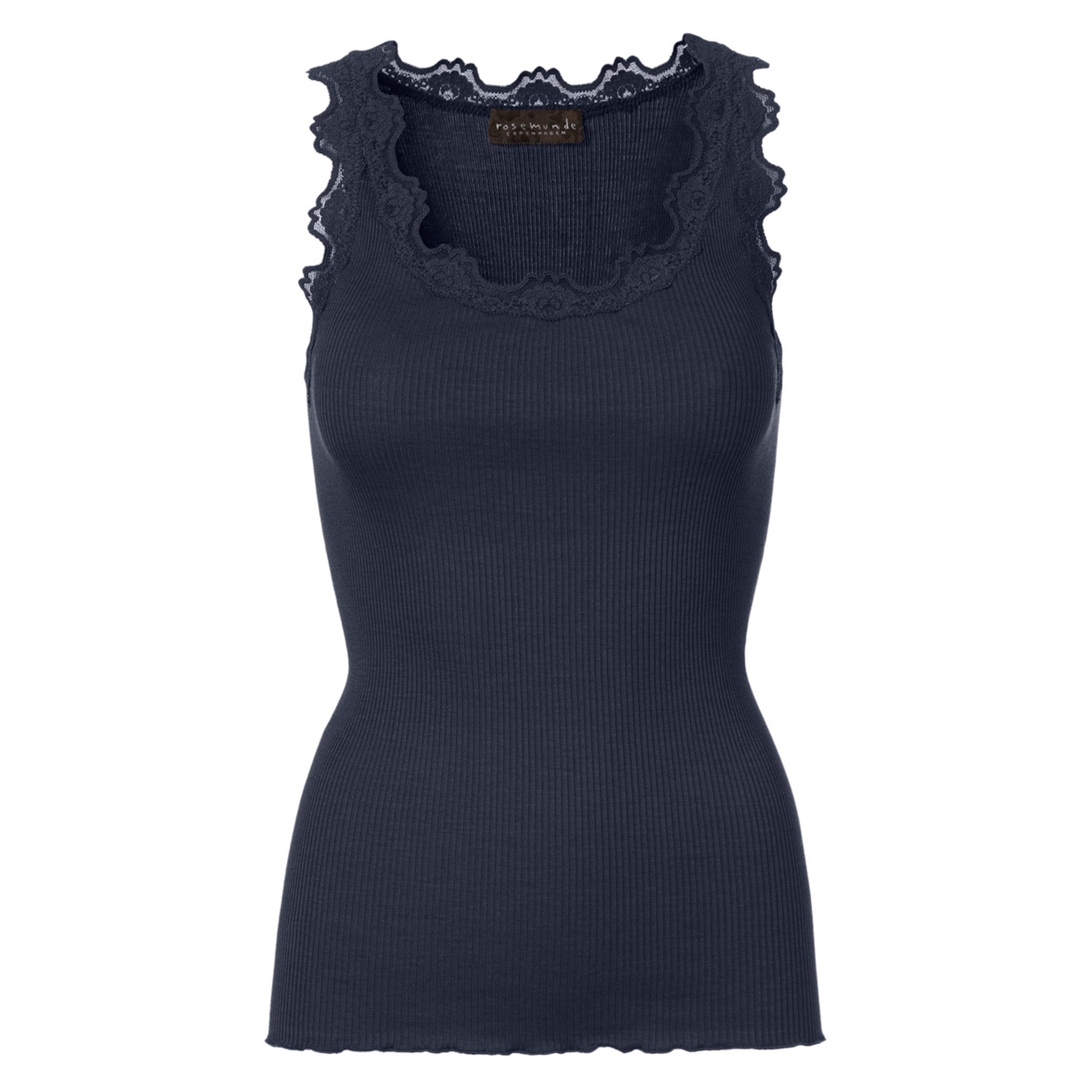 Upgrade your loungewear collection with this Rosemunde women's navy Silk Lace Top featuring signature lace trim.