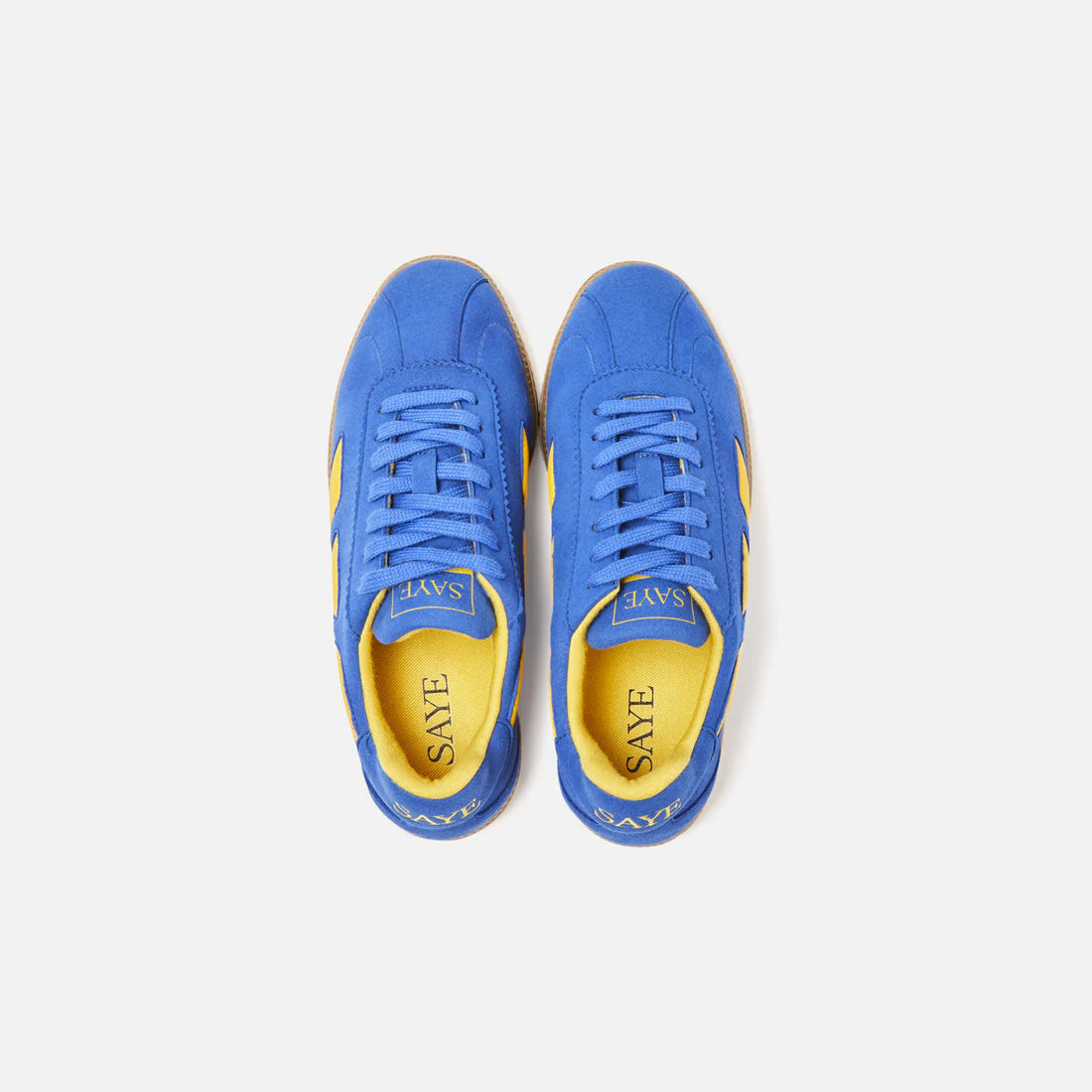 Blue suede sneakers with yellow side detail
