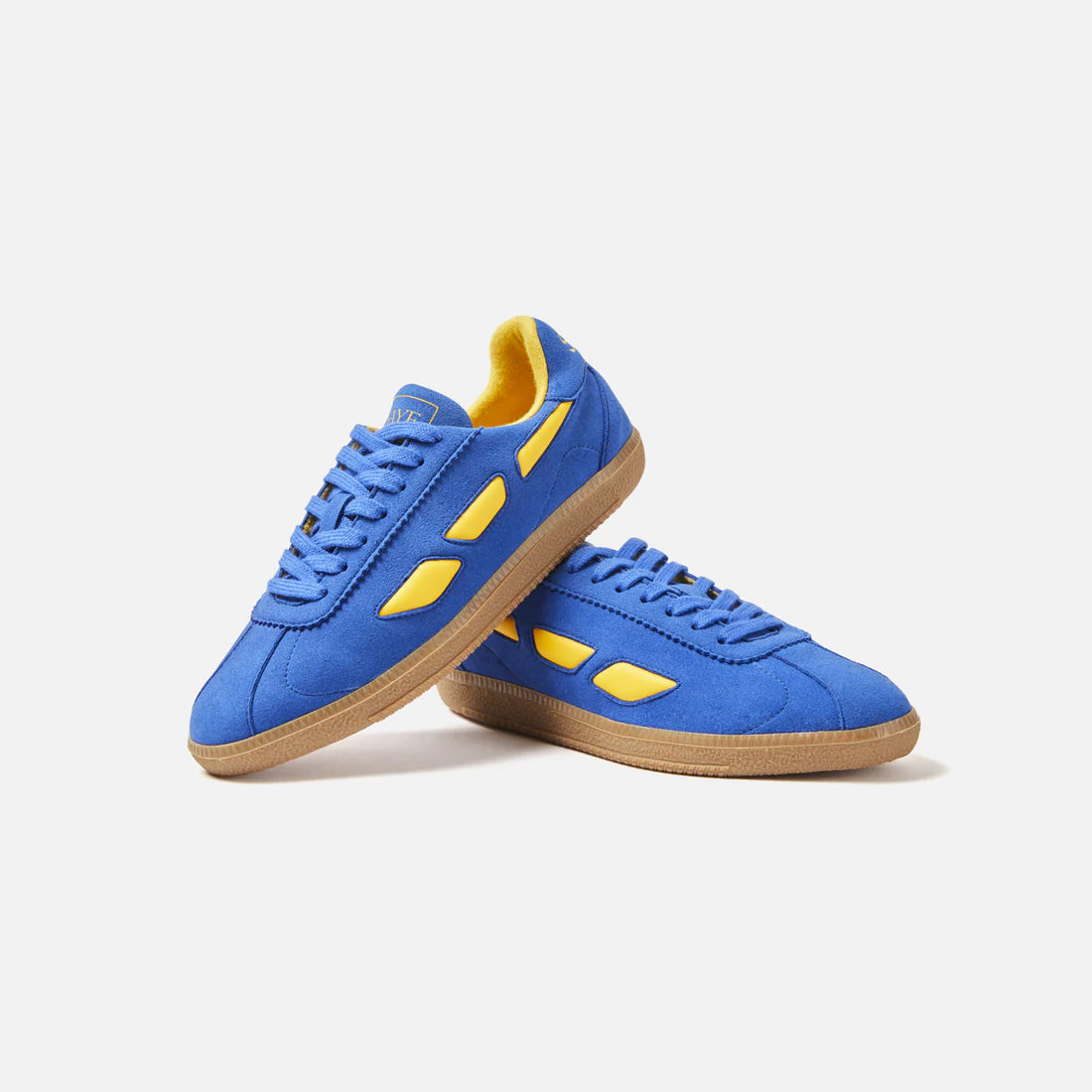Blue suede sneakers with yellow side detail