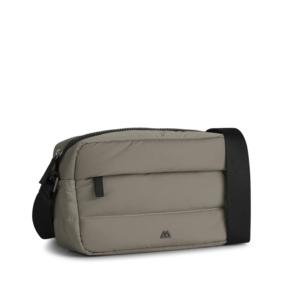 Gray Markberg Ophelia Crossbody Bag - Taupe with black strap on a white background.