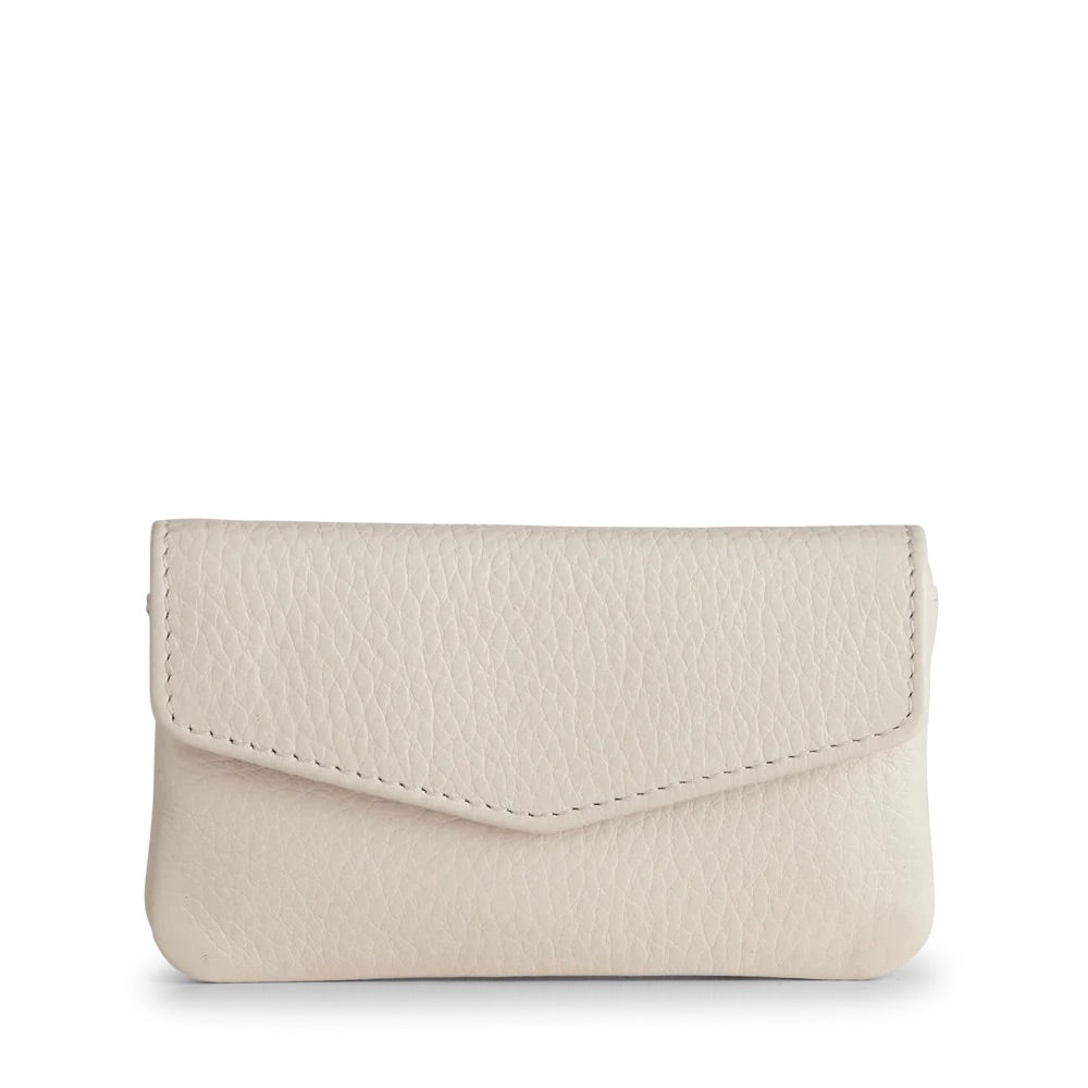 A white leather FaithMBG Coin Purse from Markberg, with a zipper, showcasing exquisite craftsmanship.