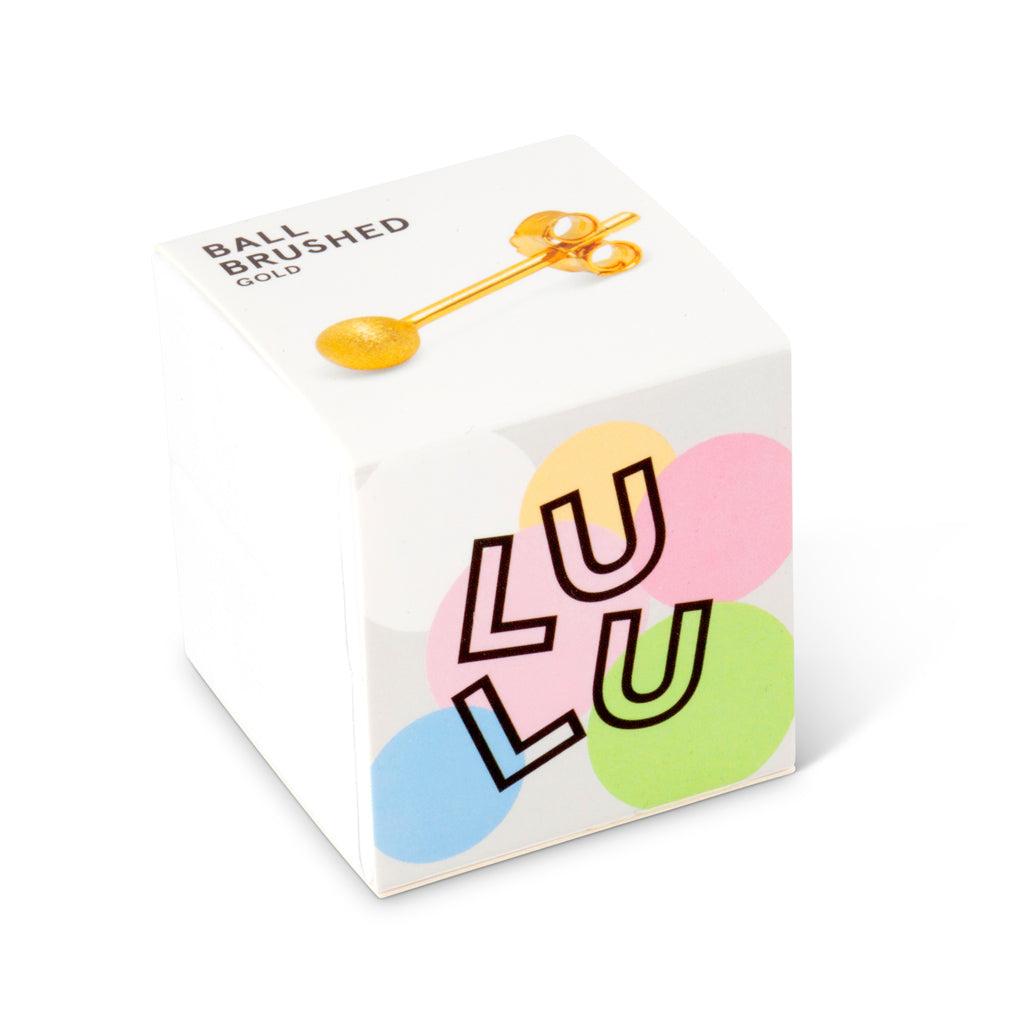 A white Lulu Copenhagen product box with the colorful text "lulu" and an image of gold-plated sterling silver Brushed Ball Single Stud earrings on top, against a plain background.