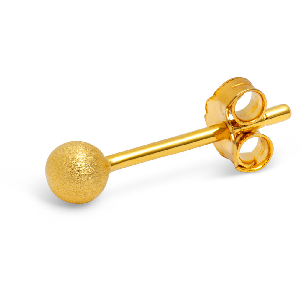 A Lulu Copenhagen brushed ball single stud earring in gold-plated sterling silver with a push-back closure, isolated on a white background.