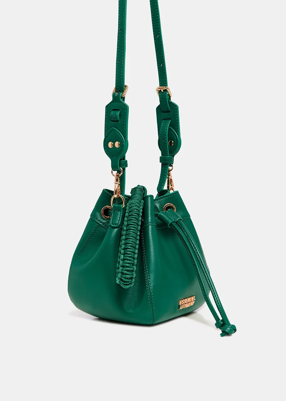 Green bucket handbag with gold accents and adjustable shoulder strap.