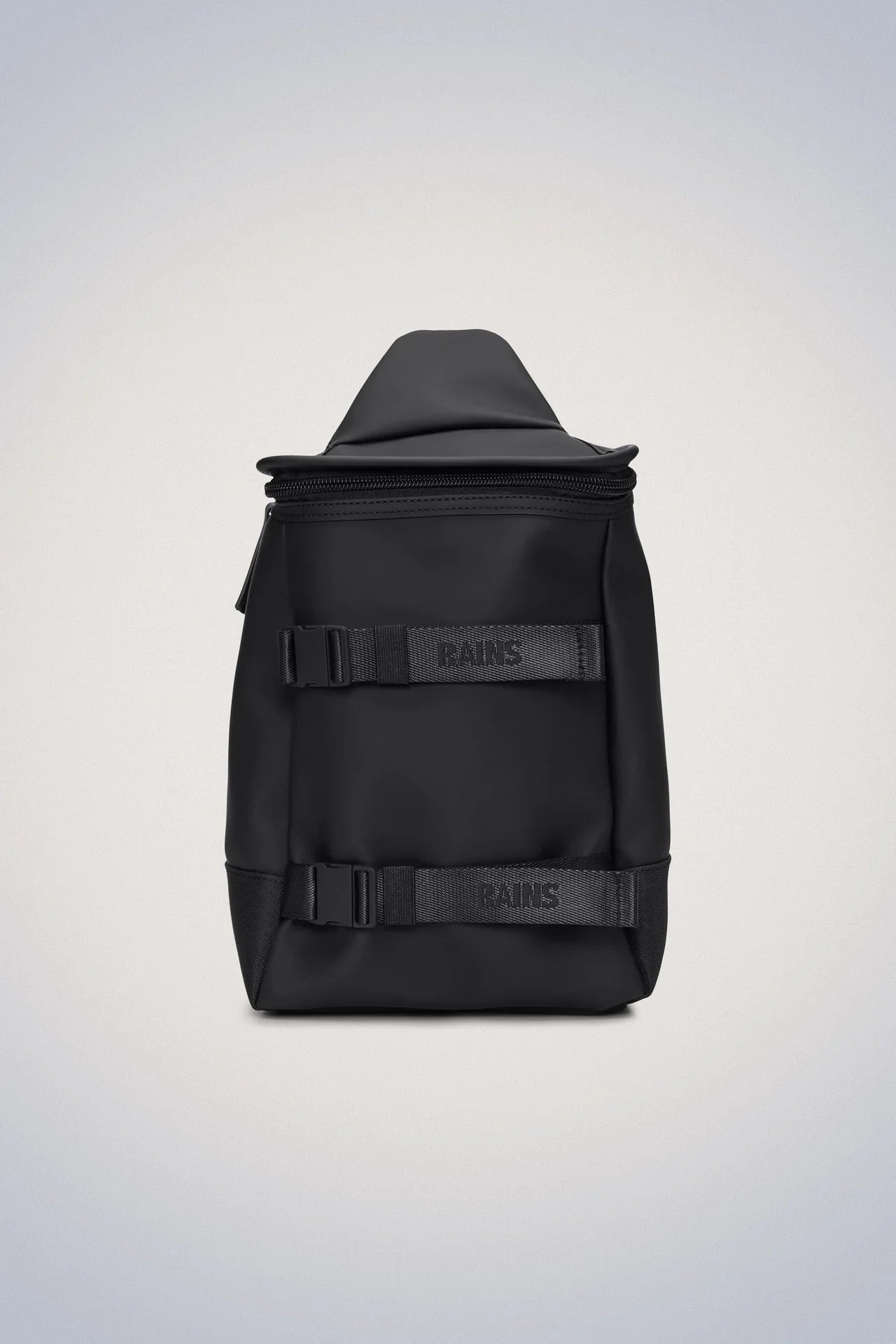 A black backpack with a minimalist design, featuring adjustable straps and a top handle against a plain background.