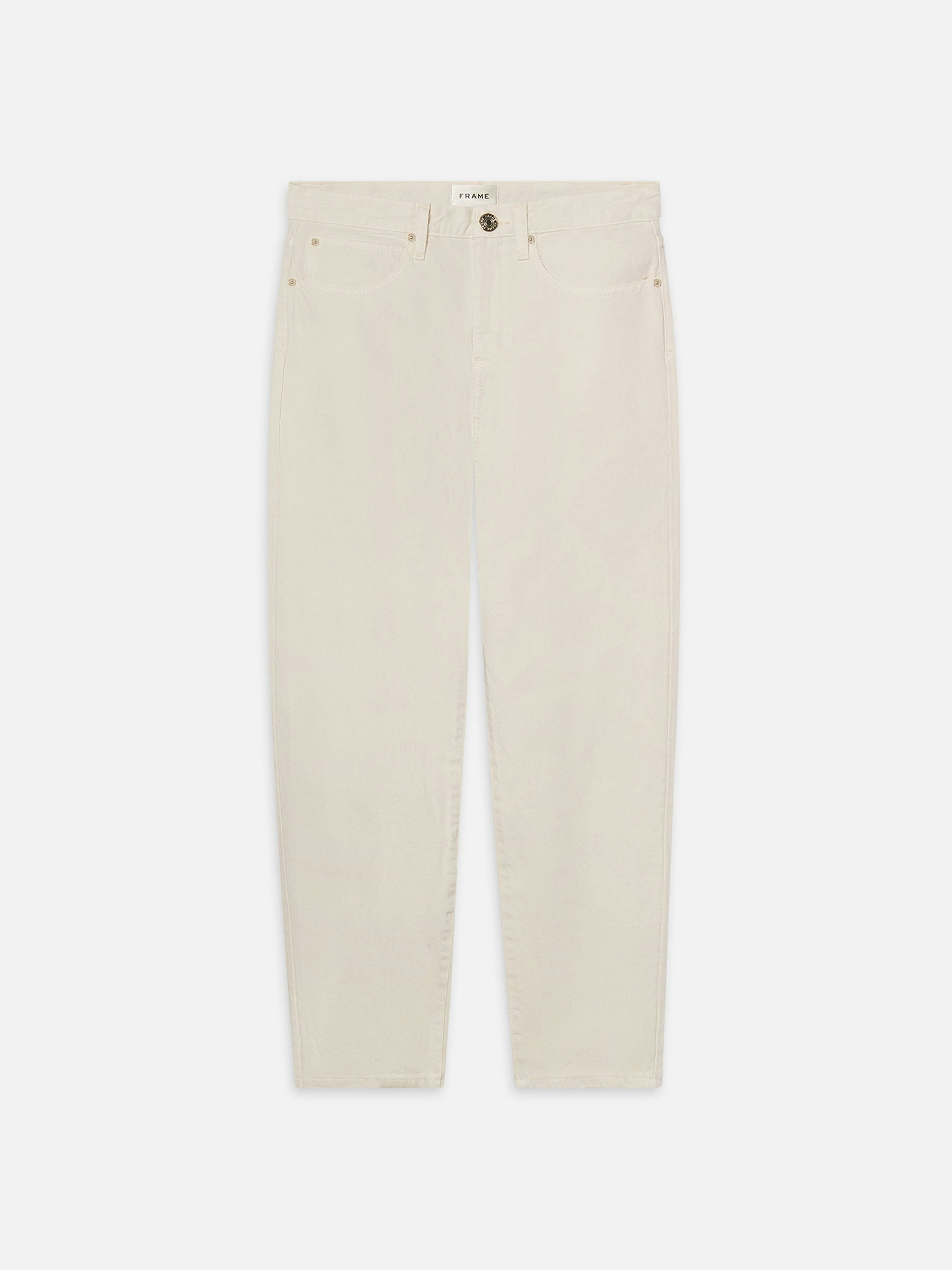 The Candle - Butter by Frame are ivory-white, 100% cotton barrel-leg jeans featuring a button closure and five-pocket design, laid flat on a white background.