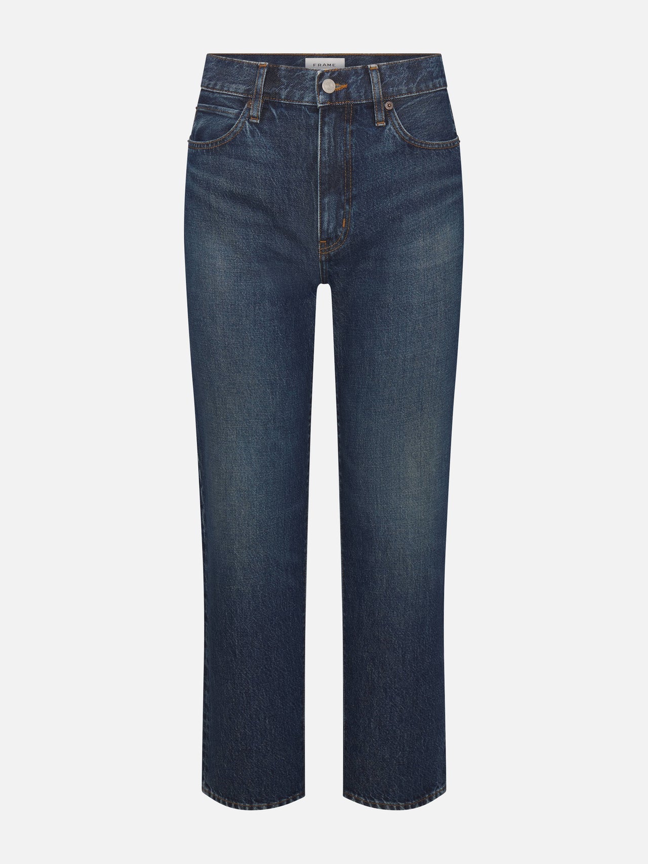 The Hang - Sail by Frame: high-waisted, straight-leg blue jeans in rigid denim, featuring front and back pockets. Shown against a white background.