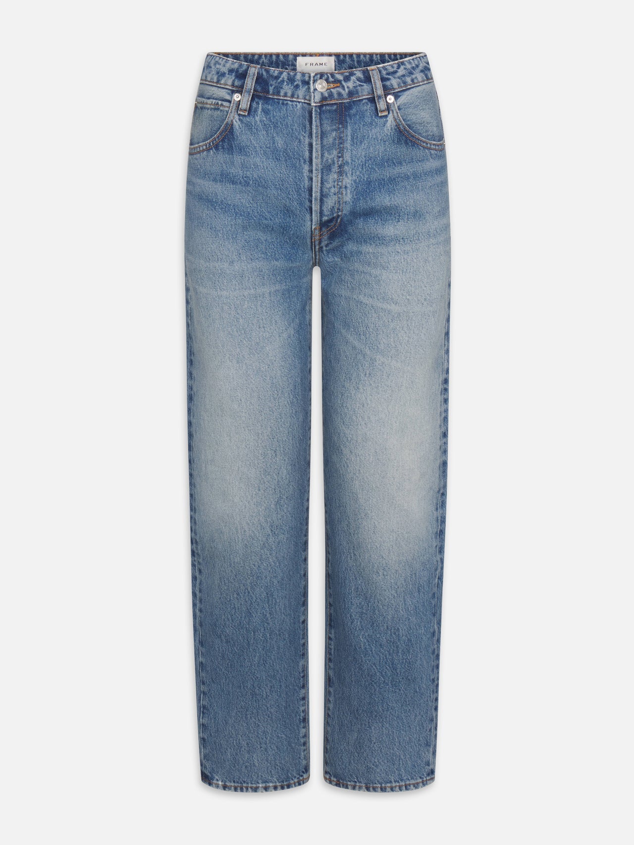The Essential - Rapture by Frame: High-waisted, straight-leg blue jeans made from regenerative cotton with a faded wash, front pockets, and belt loops.