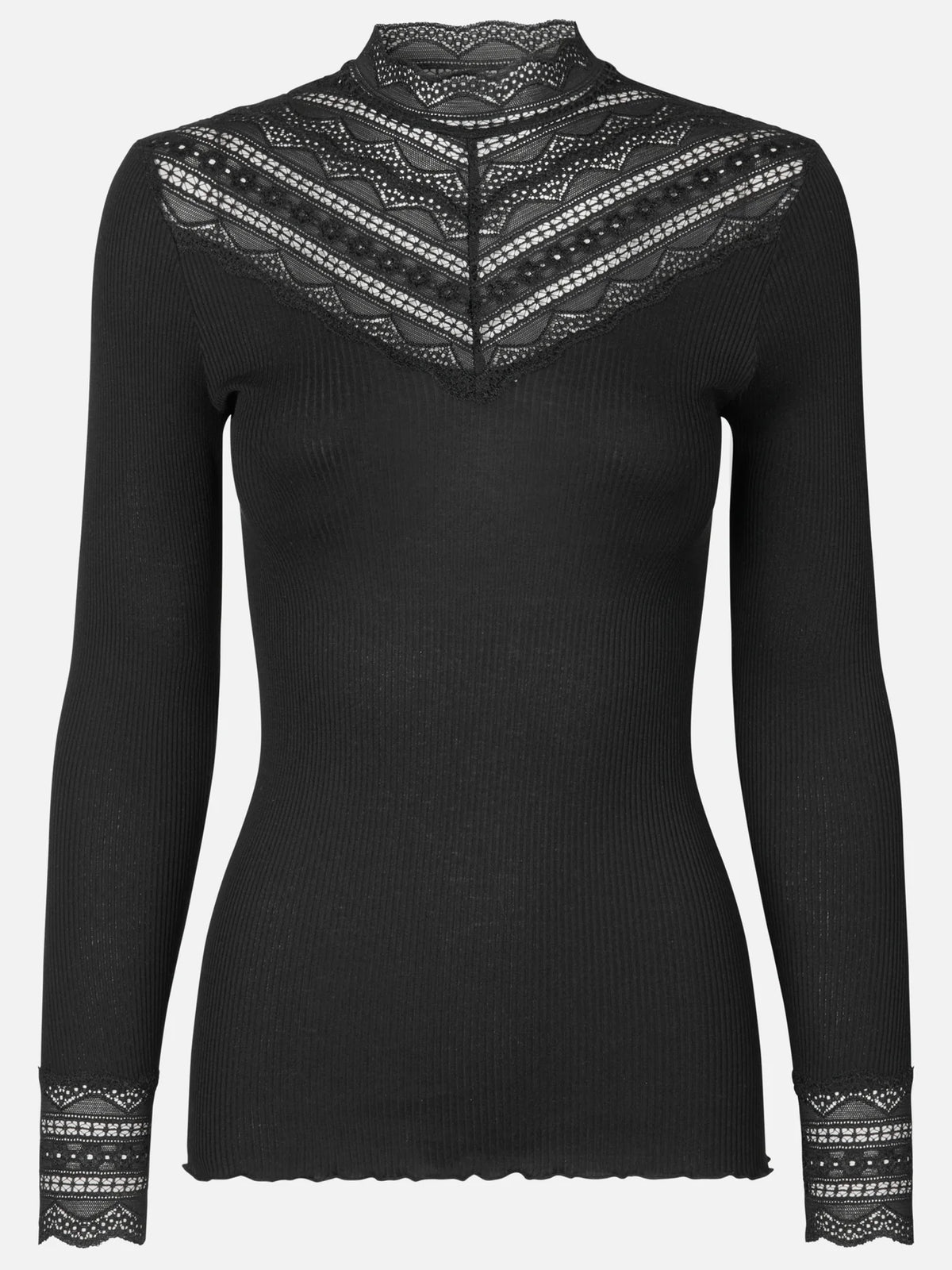 The Bennita Silk LS Lace T-neck T-shirt by Rosemunde features an elegant black long-sleeve design with delicate lace detailing on the chest, neck, and cuffs, a ribbed texture, and a flattering fitted silhouette.