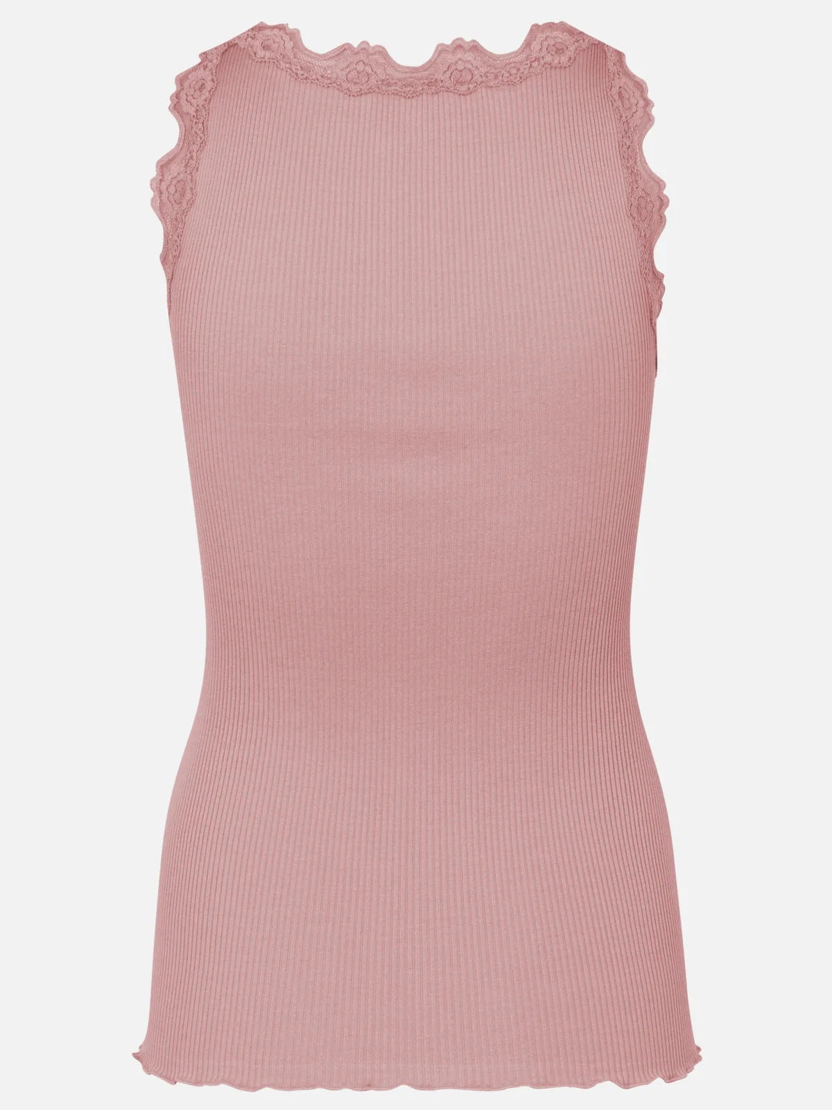 The Rosemunde Silk Lace Benita U-Neck Sleeveless Top in a pink silk cotton blend features delicate lace trim around the neckline and armholes, shown here on a plain white background.