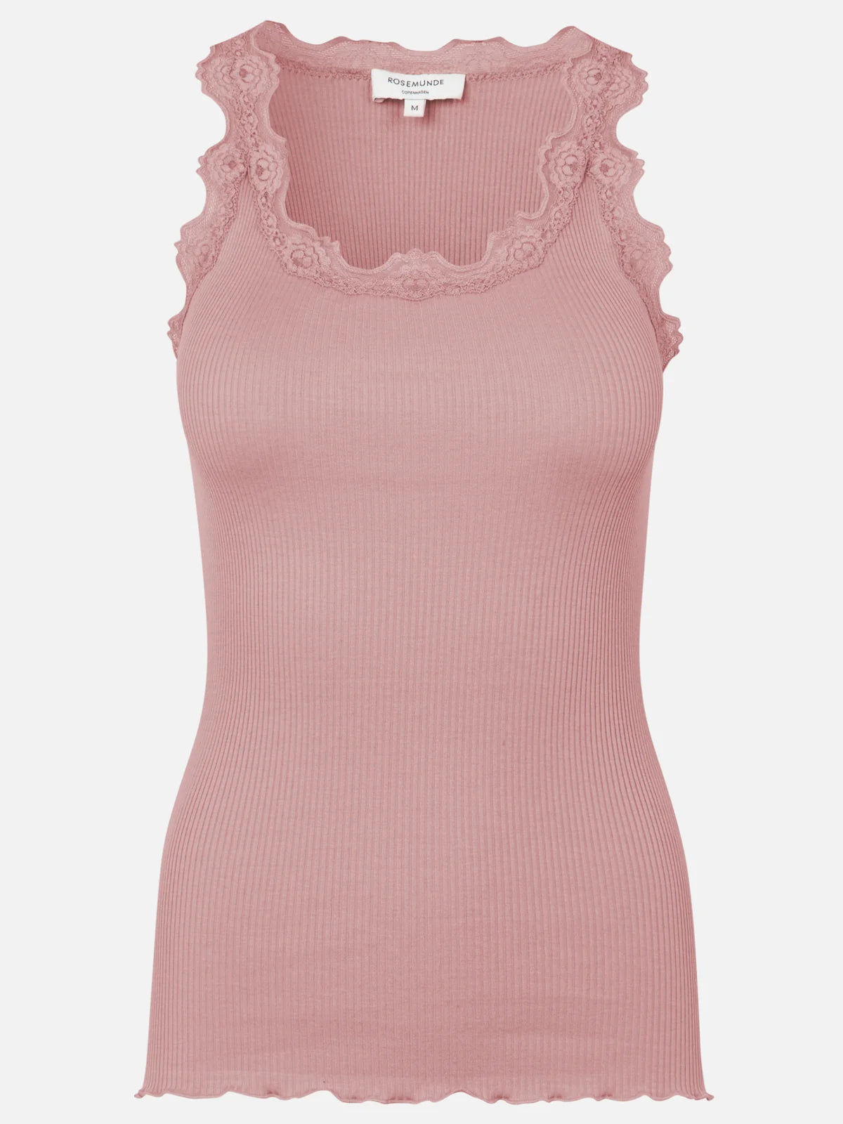The Rosemunde Silk Lace Benita U-Neck Sleeveless Top in pink is crafted from a soft silk-cotton blend and features delicate lace trim along the neckline and armholes. Perfect for elevated loungewear, this top is displayed on a white background.