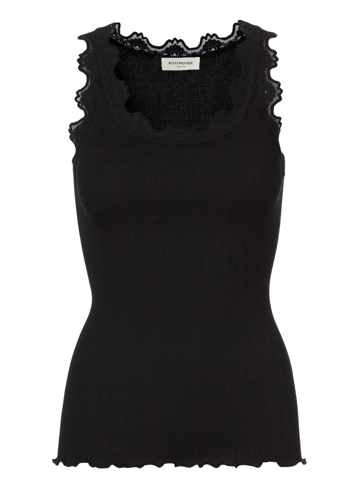 The Rosemunde Silk Lace Benita U-Neck Sleeveless Top in black is crafted from a soft silk-cotton blend, featuring delicate scalloped lace trim along the neckline and armholes. Shown here against a plain white background, it’s an effortless loungewear essential available in various colours.