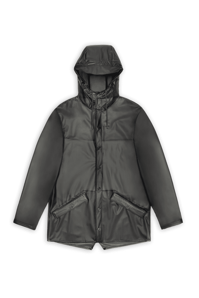 The Rains Jacket W3 is a black unisex rain jacket with a front zipper and buttons, featuring two angled front pockets. It's lightweight and laid flat on a white background.