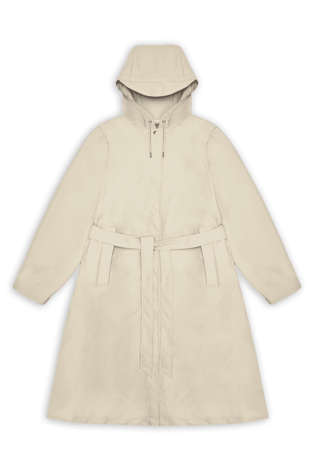 The A-Line Longer W Jacket by Rains is a beige trench coat made from waterproof PU fabric. It features an elegant A-Line silhouette with a belt and is displayed flat against a white background, blending style and functionality effortlessly.