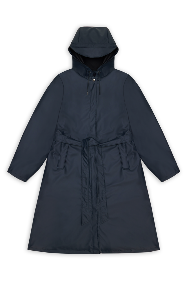 The A-Line Longer W Jacket by Rains is a stylish dark blue hooded coat with an A-line silhouette, crafted from Rains PU fabric. This waterproof jacket includes a belt and pockets, showcased on a plain black background.