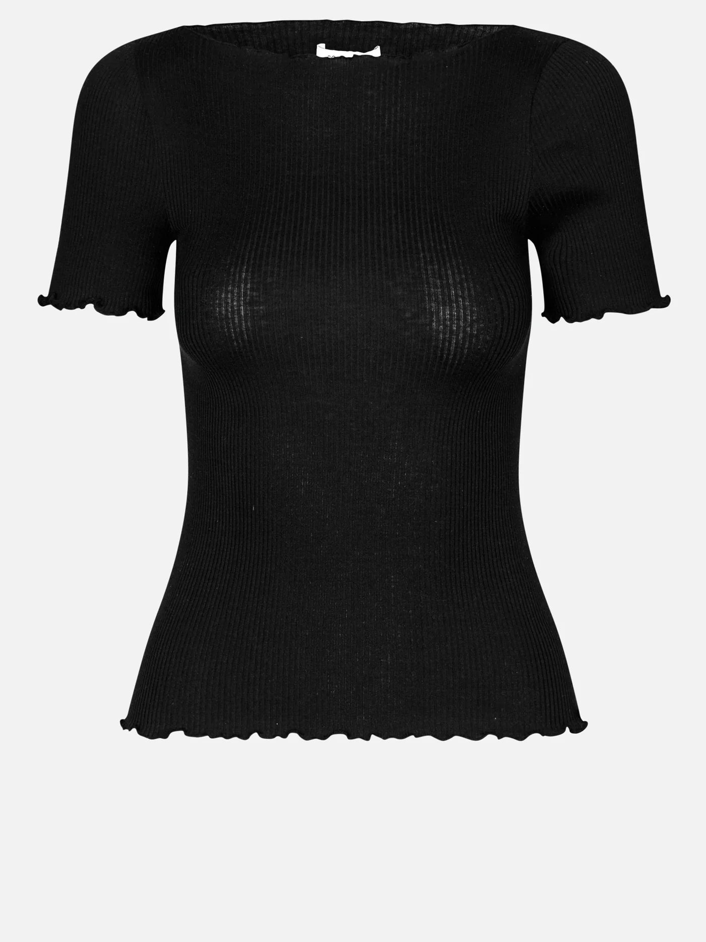 Black silk blend ribbed knit Boat Neck T-Shirt with short sleeves and scalloped edges by Rosemunde.