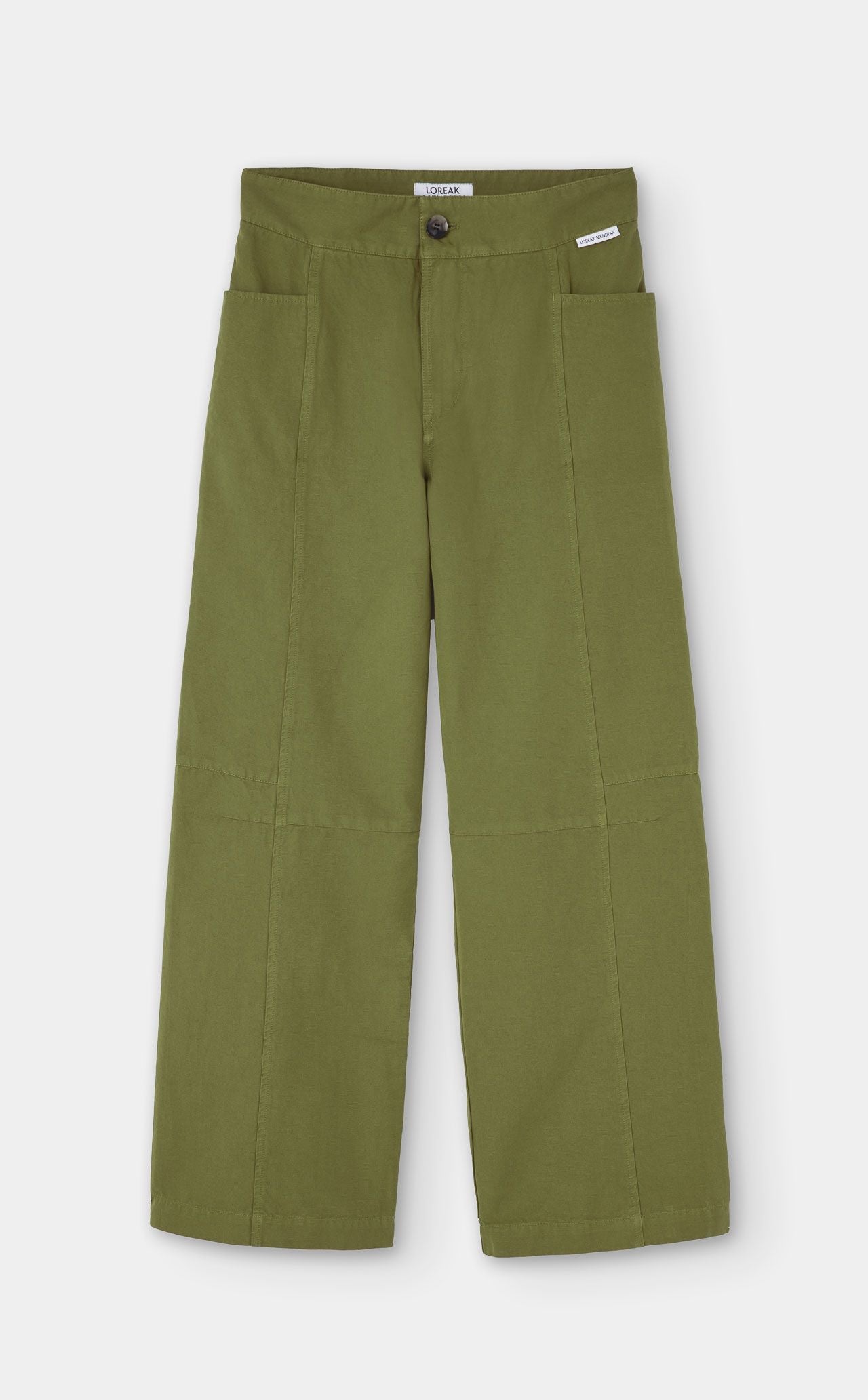 Model wears khaki green straight fit trousers