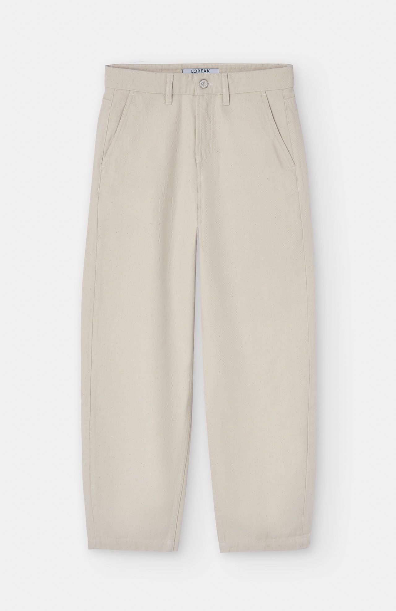 Mirena Trouser - Ecru by Loreak Mendian features side pockets and a button closure for comfort, shown flat on a white background.