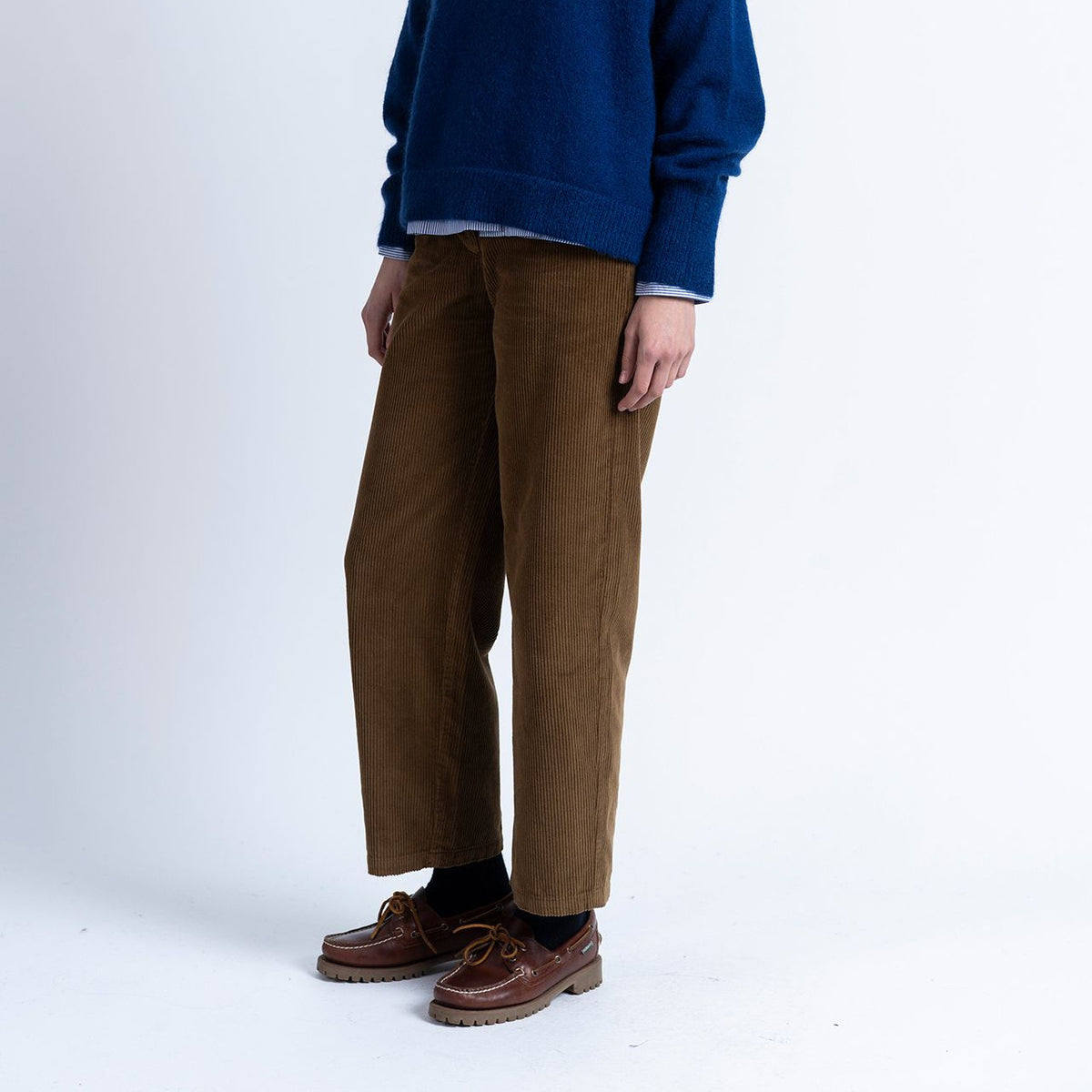 A model stands in profile wearing a dark blue crewneck sweater, brown wide-leg trousers, and brown leather loafers against a plain white studio background.