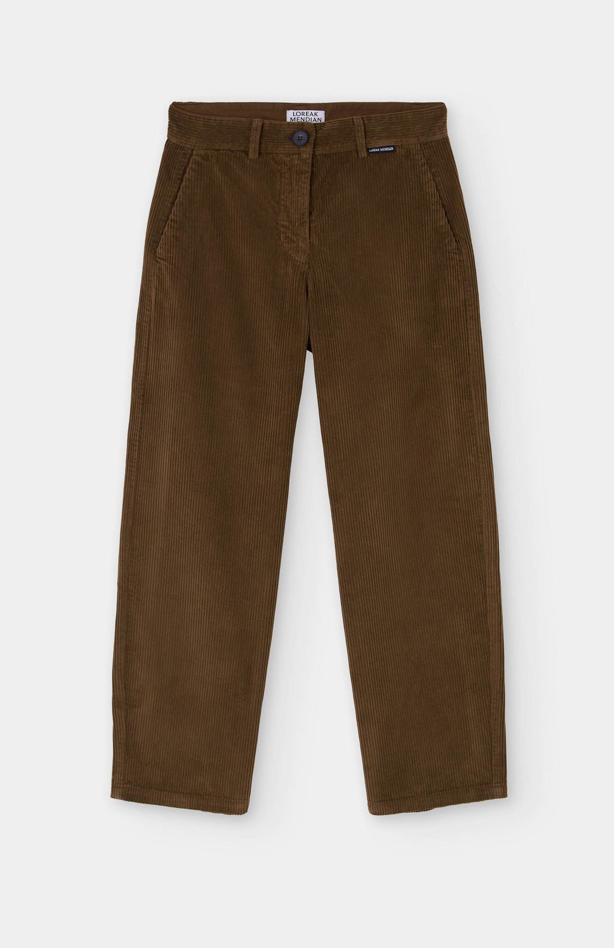 The Loreak Mendian Bana Barrel Leg Cord Trousers in Dark Camel feature a 100% cotton construction with a barrel fit, front pockets, button closure, and belt loops, shown against a white background.