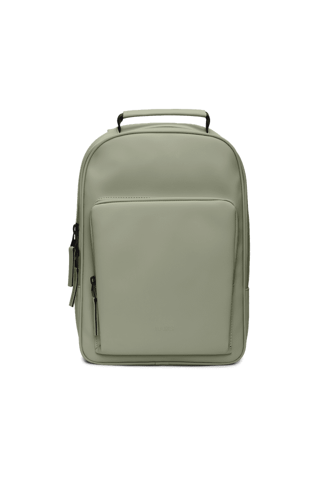 The Rains Book Daypack is a green waterproof rucksack with a front zipper pocket, top handle, and padded compartment for a 15" laptop.