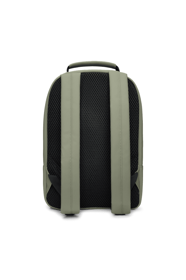 The Rains Book Daypack in gray showcases a back view with two adjustable padded shoulder straps and a top handle. This waterproof bag includes a padded compartment designed to protect your 15" laptop on the move.