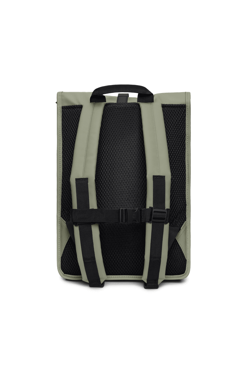 The Rains Rolltop Rucksack, a sleek green and black design with padded straps and handle, is crafted from waterproof PU fabric. It features a convenient side-access laptop pocket and is showcased against a clean white background.