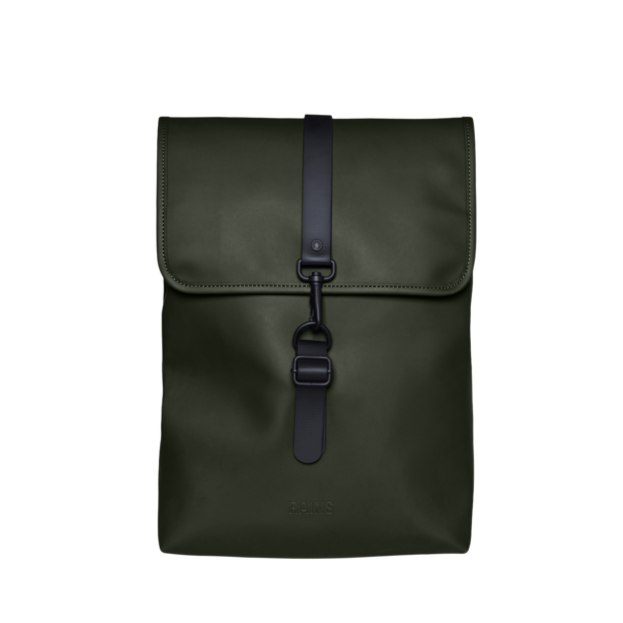 Green waterproof rucksack by Rains - Studio set up white backgorund 