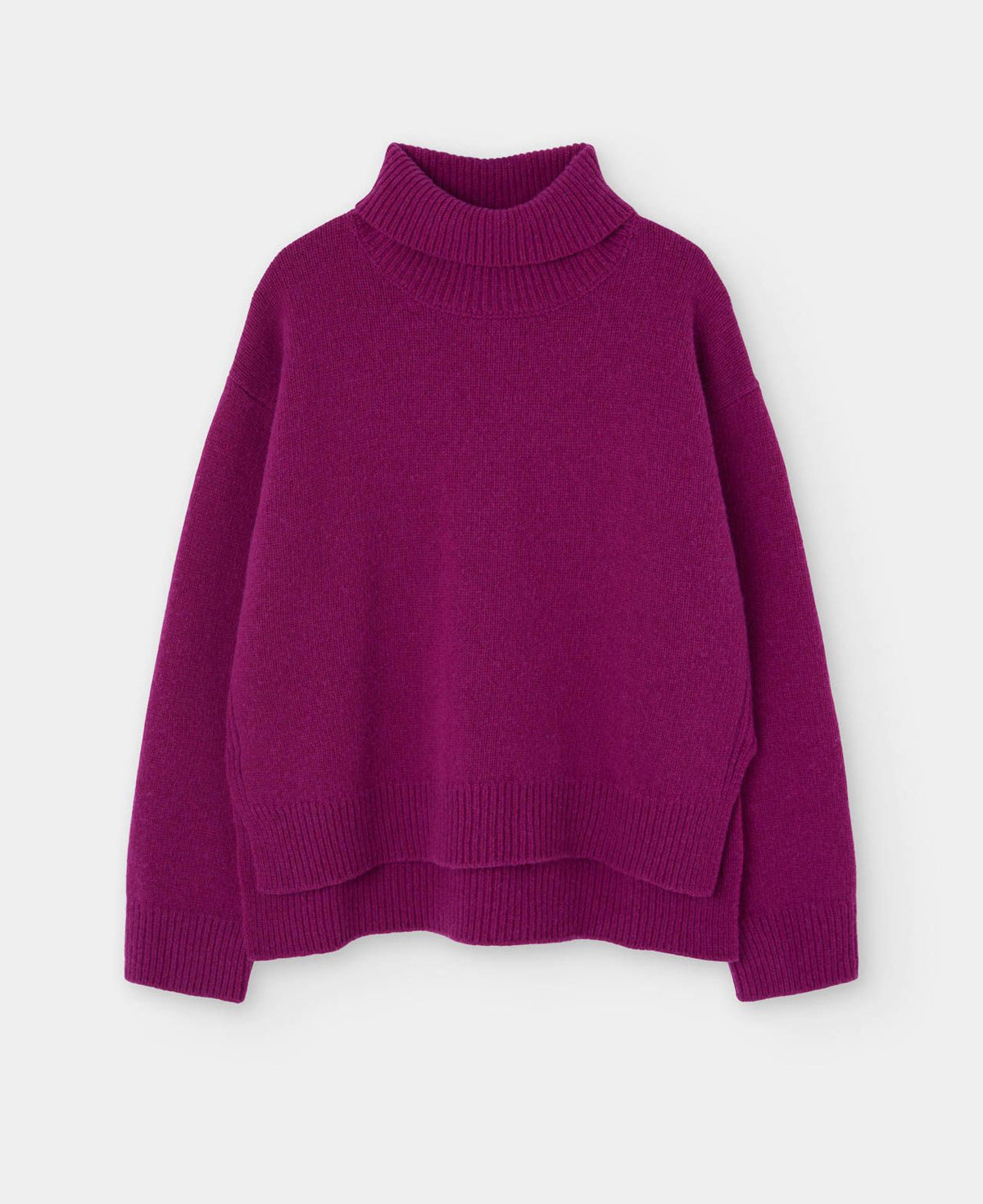 A vibrant magenta purple knit turtleneck sweater with long sleeves and ribbed cuffs, displayed on a clean, light gray background.