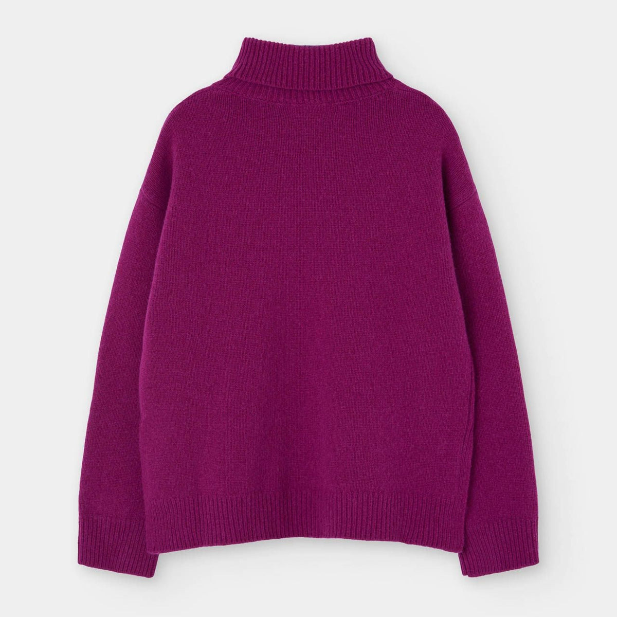 A magenta purple knit turtleneck sweater displayed flat against a light gray background.