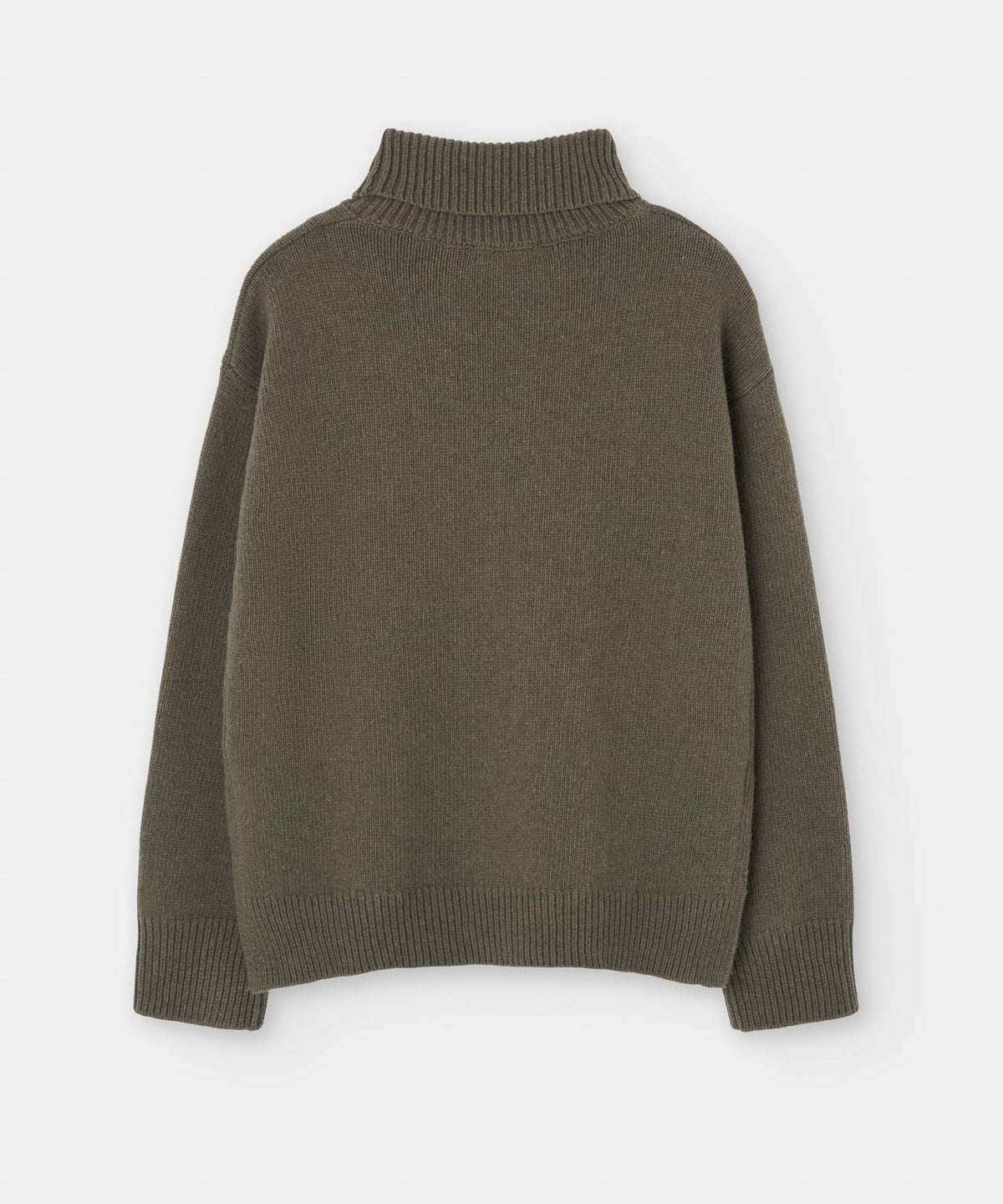 Loreak Mendian Isla W Wool Rollneck Knit - Khaki, a chunky eco merino turtleneck with long sleeves and ribbed cuffs, hem, and neck, shown flat on a light background.