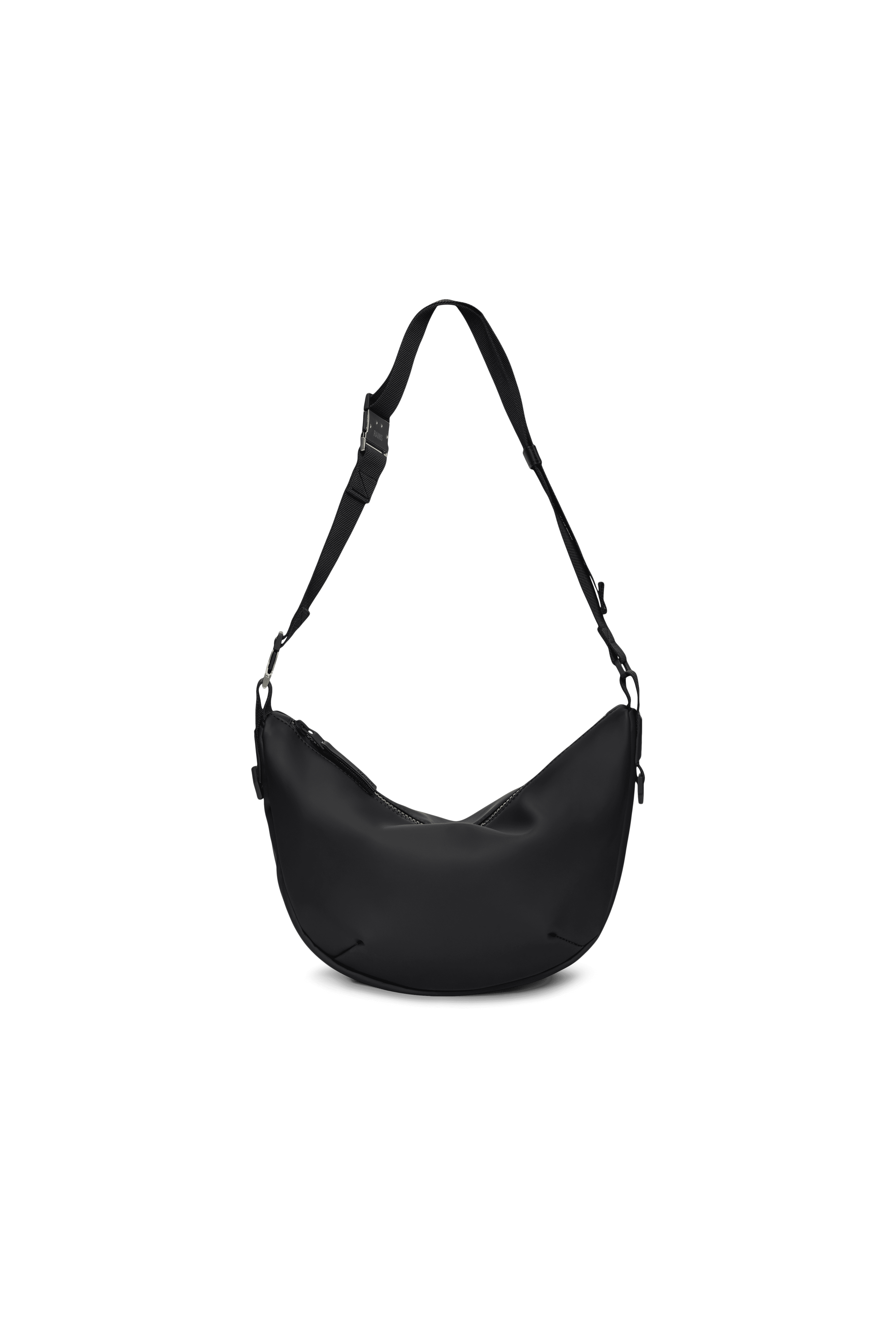 Introducing the Valera Shoulder Bag by Rains: a sleek black crossbody made from waterproof PU fabric. It features an adjustable strap, combining style and functionality against a crisp white background.