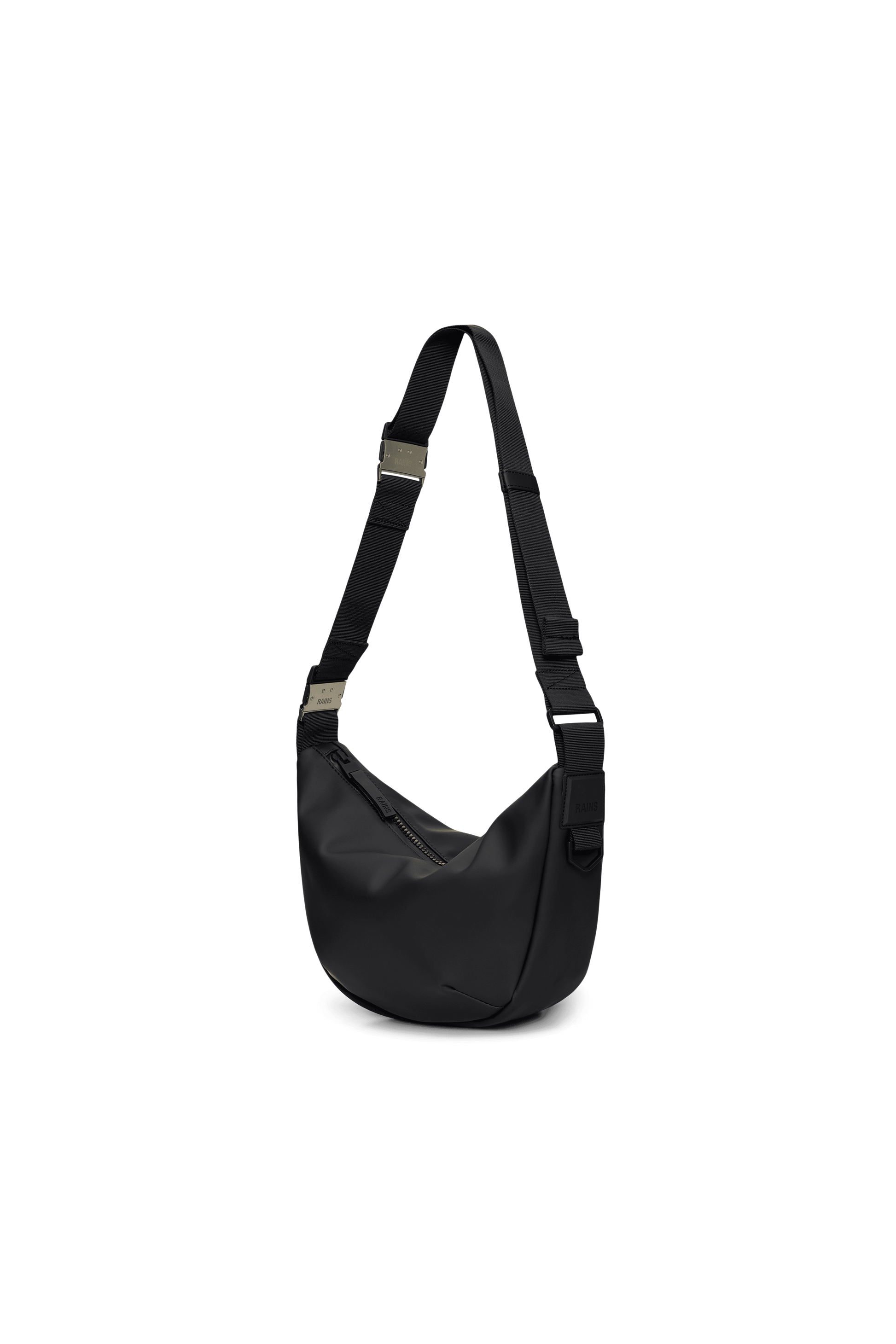 Introducing the Valera Shoulder Bag by Rains: a sleek black crossbody sling bag made from waterproof PU fabric, featuring an adjustable strap and a zippered main compartment for stylish security on the go.