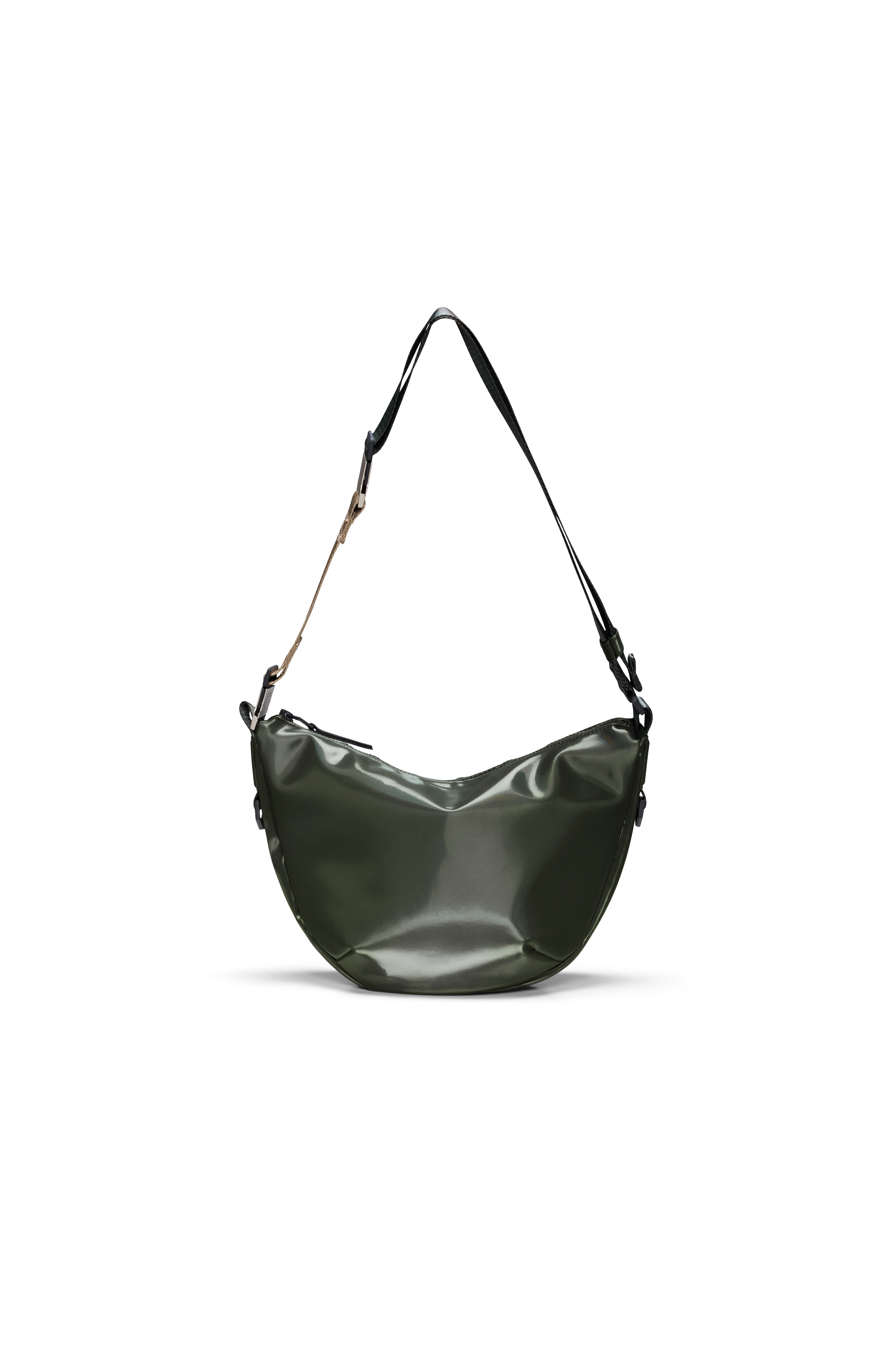 The Valera Shoulder Bag by Rains is a dark green, crescent-shaped crossbody featuring a black adjustable strap, shown on a plain white background.