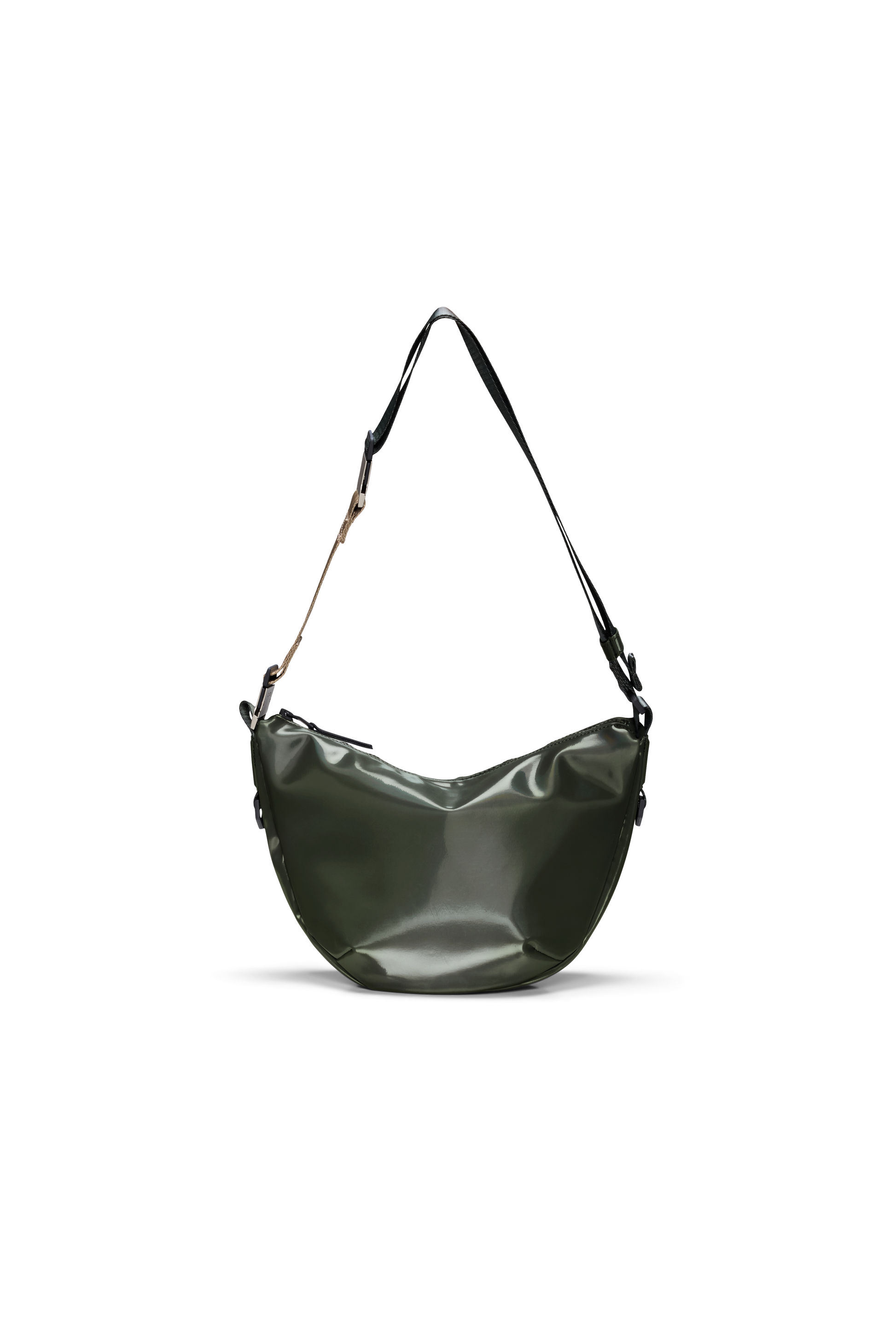 The Valera Shoulder Bag by Rains is a dark green, crescent-shaped crossbody featuring a black adjustable strap, shown on a plain white background.