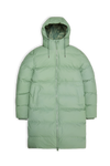 Long matte green puffer jacket with double zip, ribbed inner cuffs and storm hood