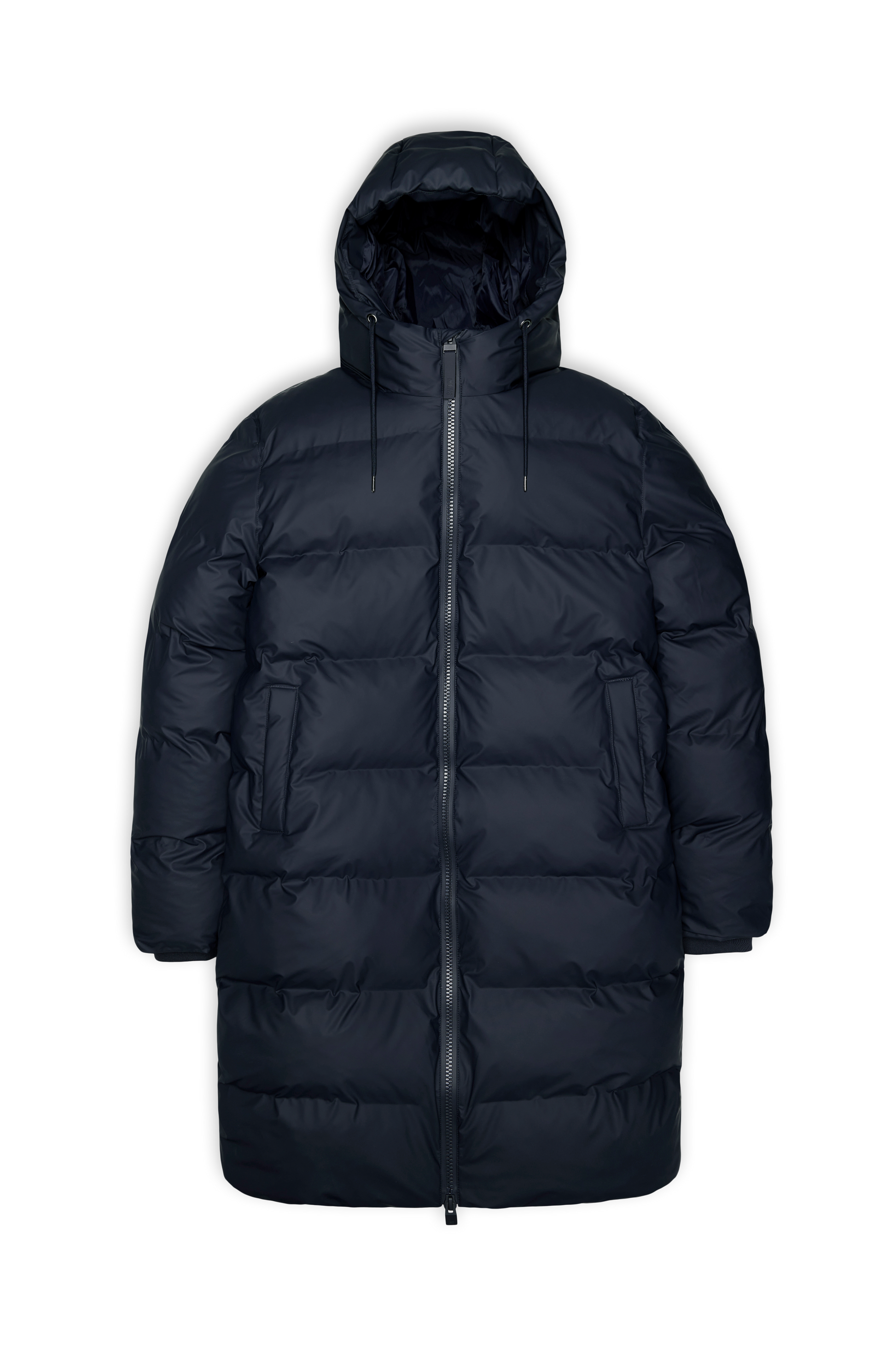 The Rains Alta Puffer Longer in navy is a long winter jacket with featherless insulation, a hood, front zipper closure, and two side pockets, shown against a plain white background.