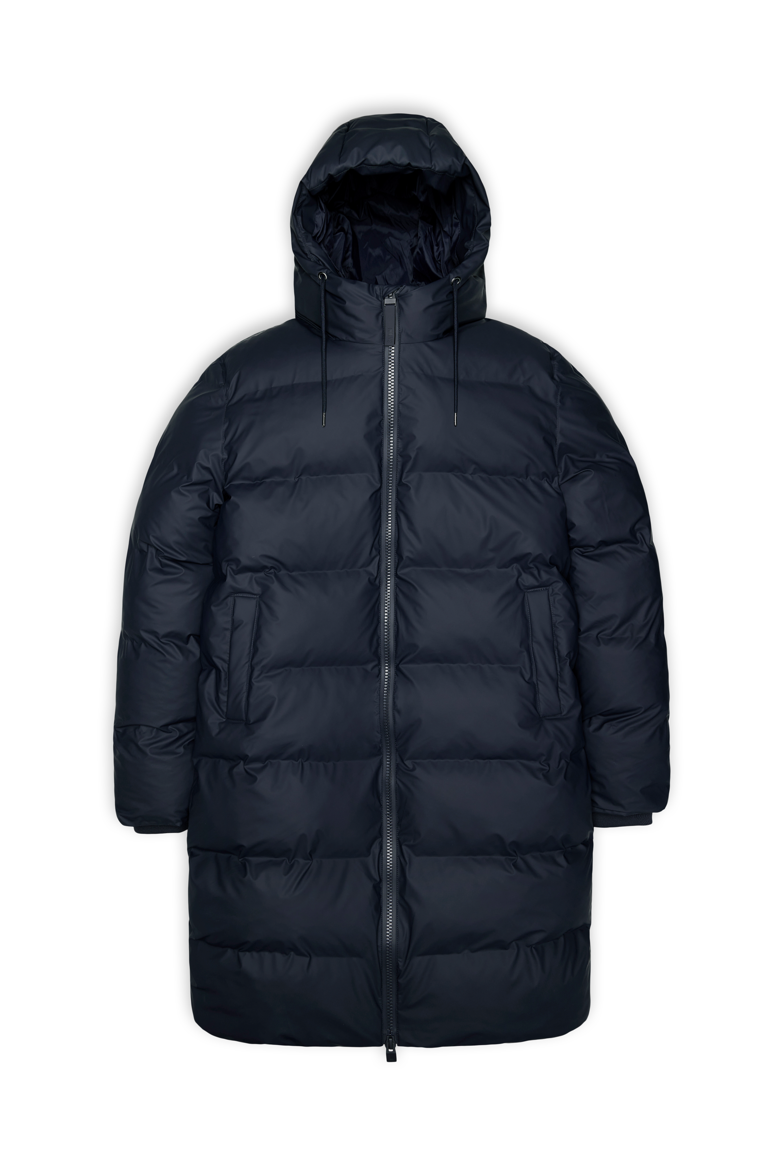 The Rains Alta Puffer Longer in navy is a long winter jacket with featherless insulation, a hood, front zipper closure, and two side pockets, shown against a plain white background.