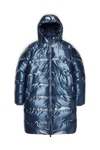 long metallic blue padded puffer jacket weith side pockets, double zip and hood 