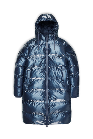 long metallic blue padded puffer jacket weith side pockets, double zip and hood 