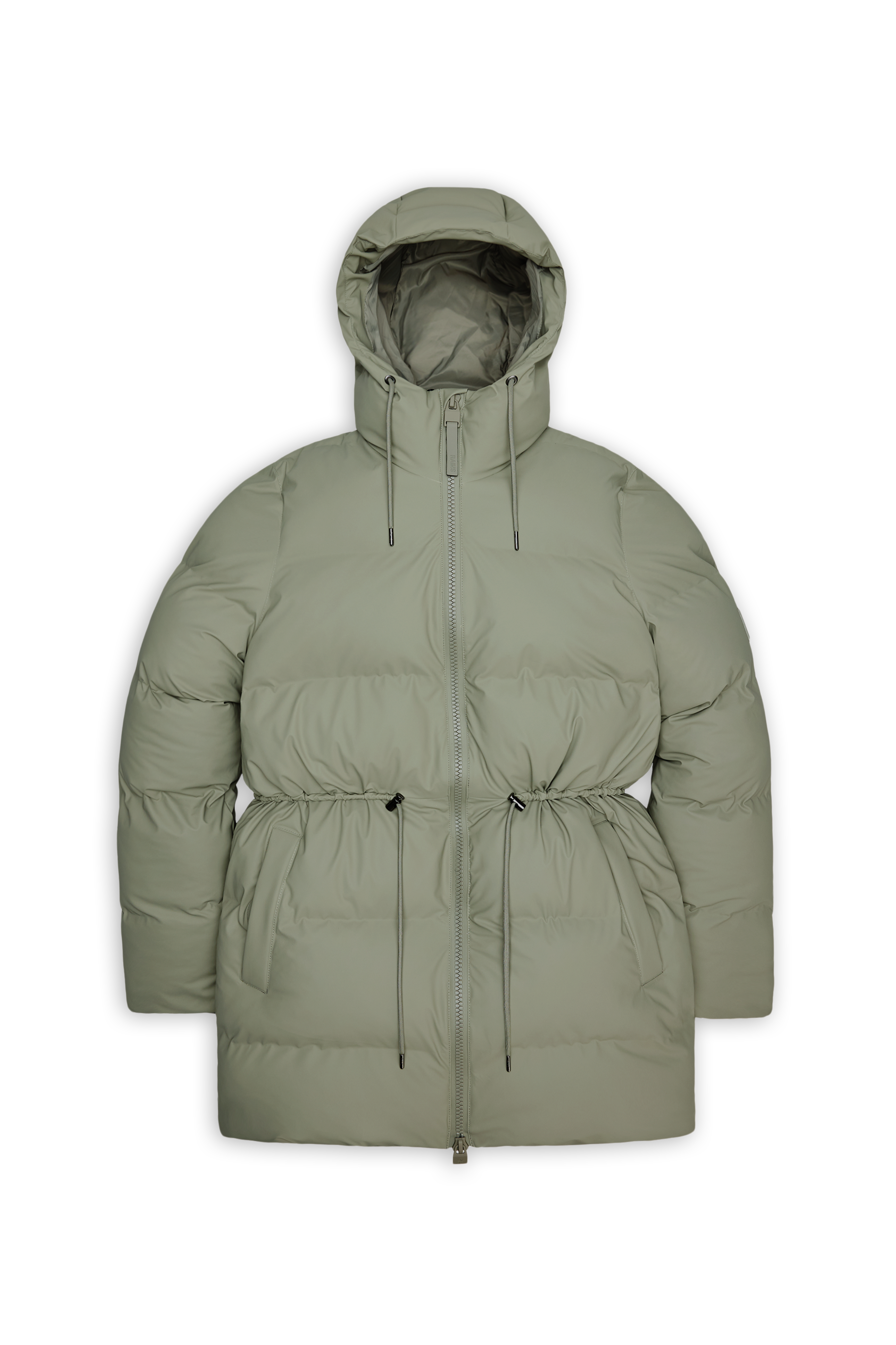 The Alta Long Puffer String Jacket - Drift by Rains is a light gray padded jacket featuring an insulated hood, front zipper, two large pockets, and adjustable drawstrings at the waist and hood for added warmth.